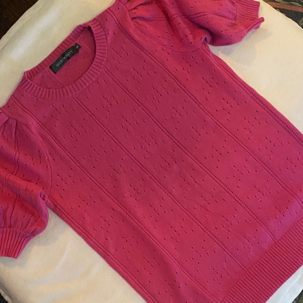 Vibrant Pink Puff Sleeve Crew Neck Sweater - Picture 2 of 7